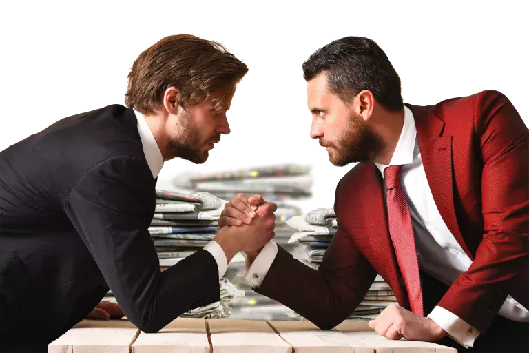 Businessmen arm wrestling black red news 0429