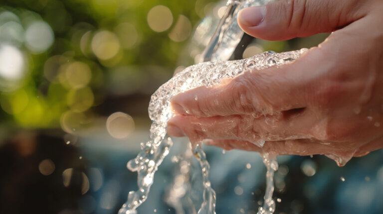 Wasser läuft in ein Glas und Händewaschen unter fließendem Wa
